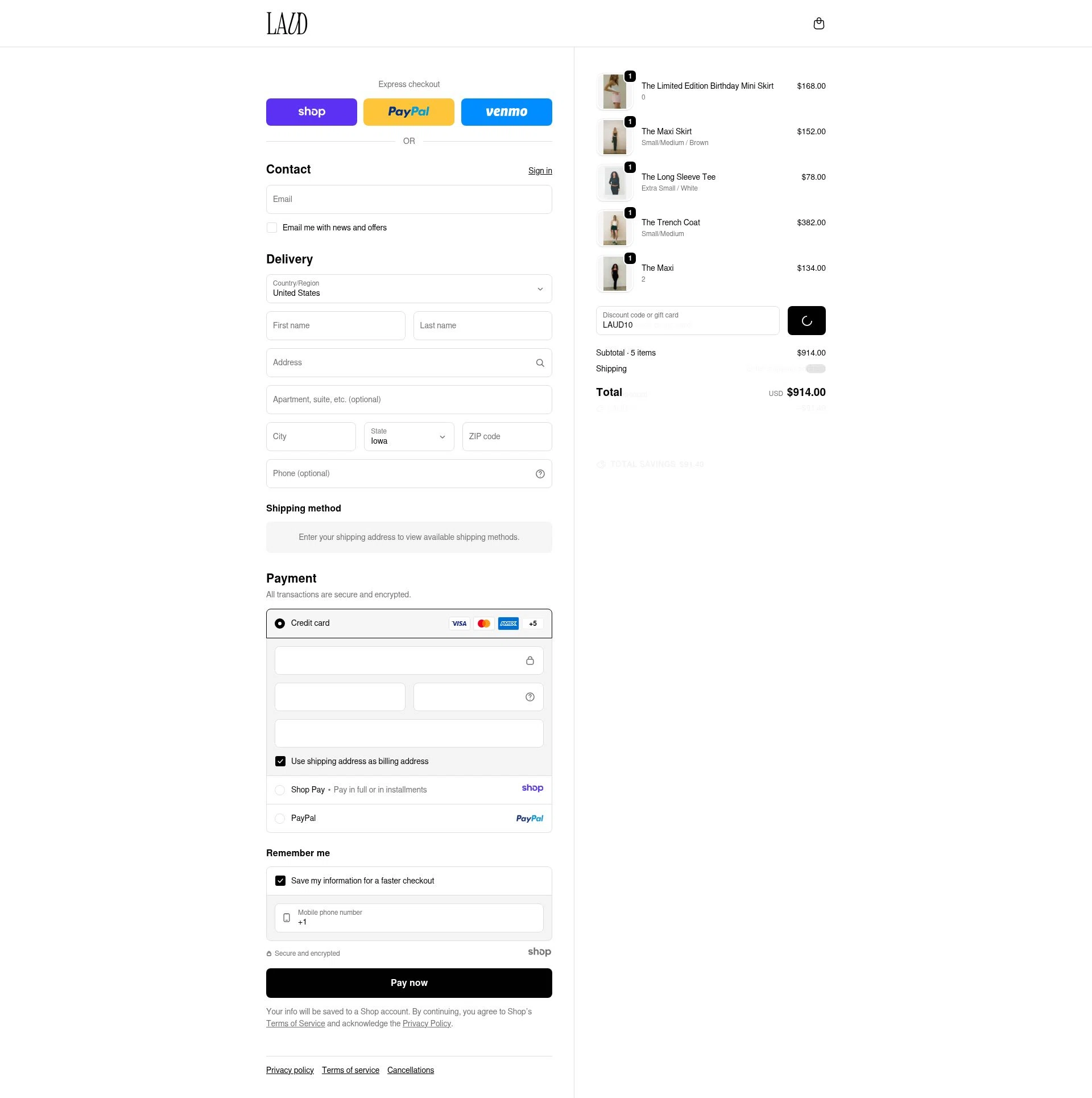 Laud Clothing checkout page showing Laud Clothing promo code box | Screenshot taken by SimplyCodes community member on Dec 23, 2025