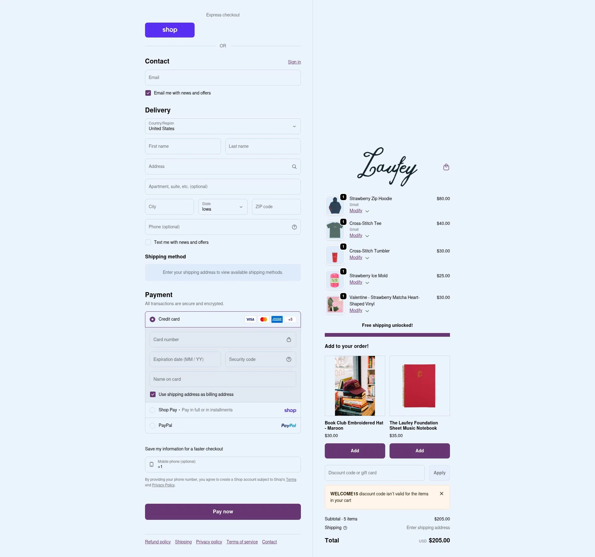 Laufey Merch checkout page showing Laufey Merch discount code box | Screenshot taken by SimplyCodes community member on Feb 6, 2026