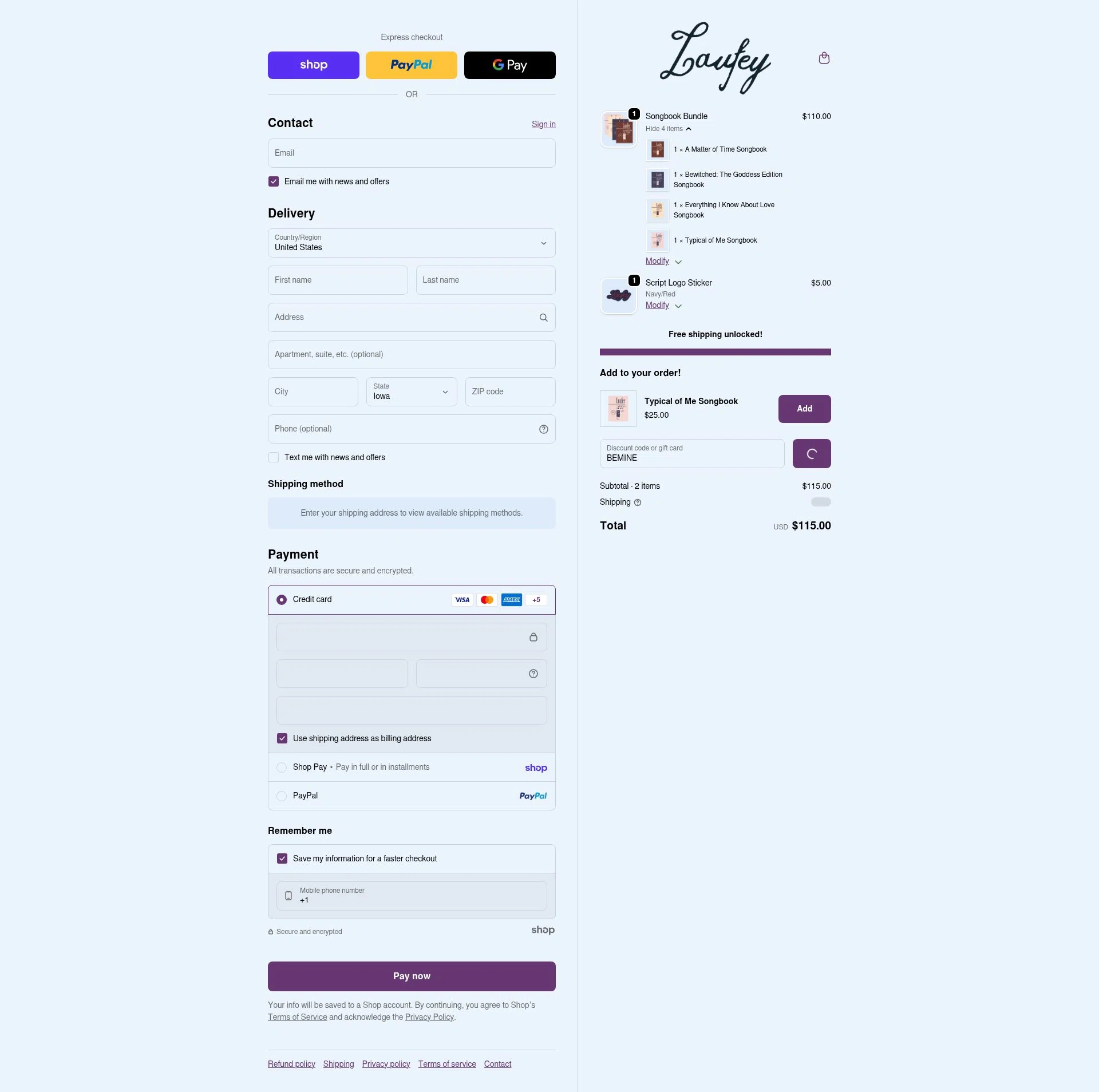 Laufey Merch checkout page showing Laufey Merch discount code box | Screenshot taken by SimplyCodes community member on Jan 30, 2026