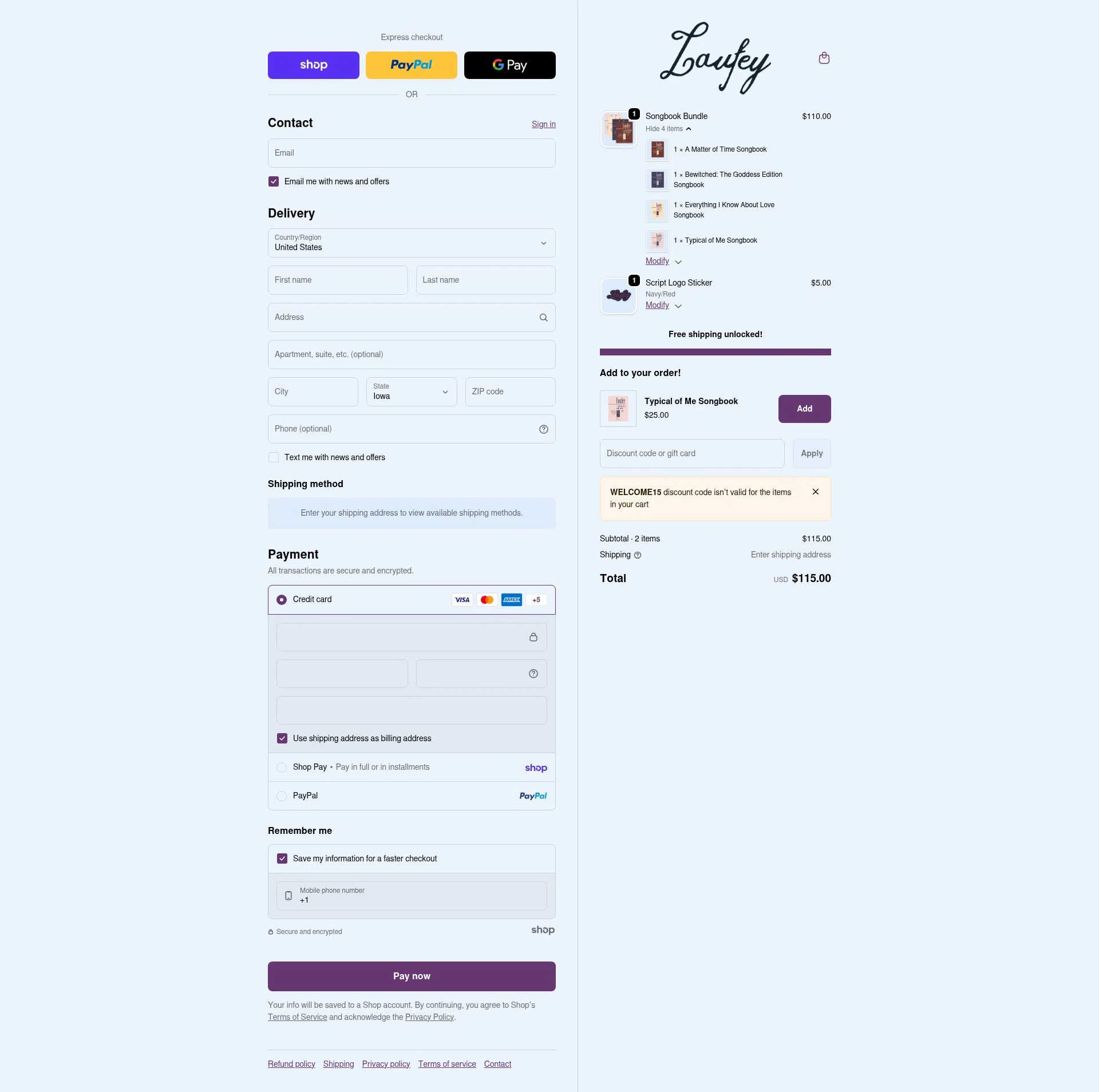 Laufey Merch checkout page showing Laufey Merch discount code box | Screenshot taken by SimplyCodes community member on Jan 30, 2026