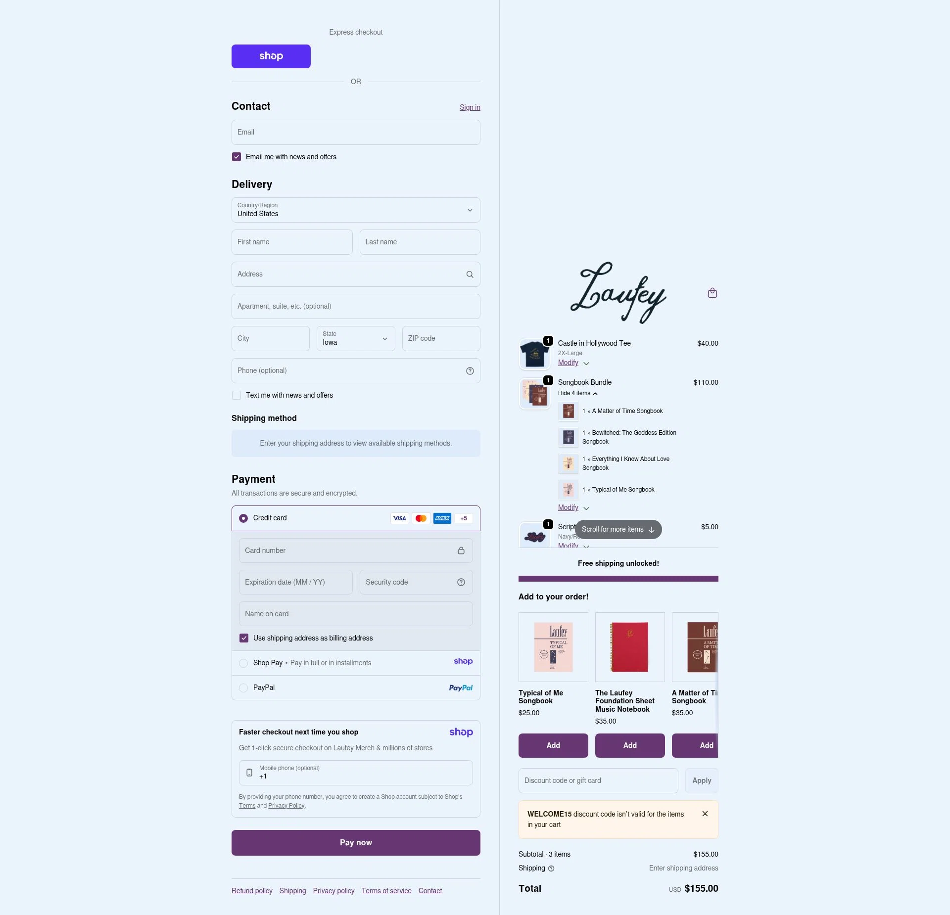 Laufey Merch checkout page showing Laufey Merch discount code box | Screenshot taken by SimplyCodes community member on Jan 16, 2026