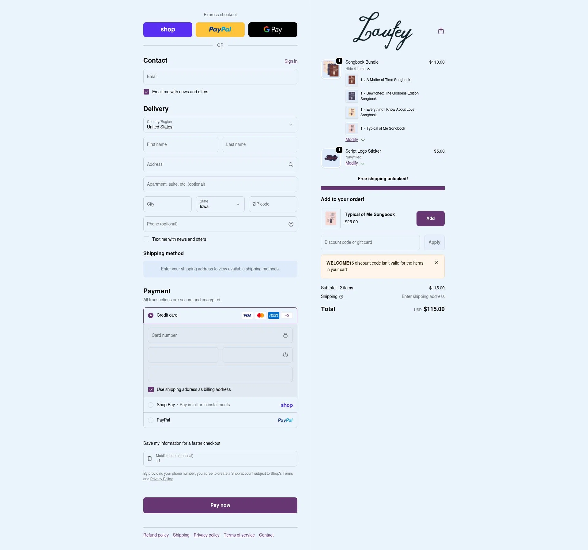 Laufey Merch checkout page showing Laufey Merch discount code box | Screenshot taken by SimplyCodes community member on Feb 3, 2026