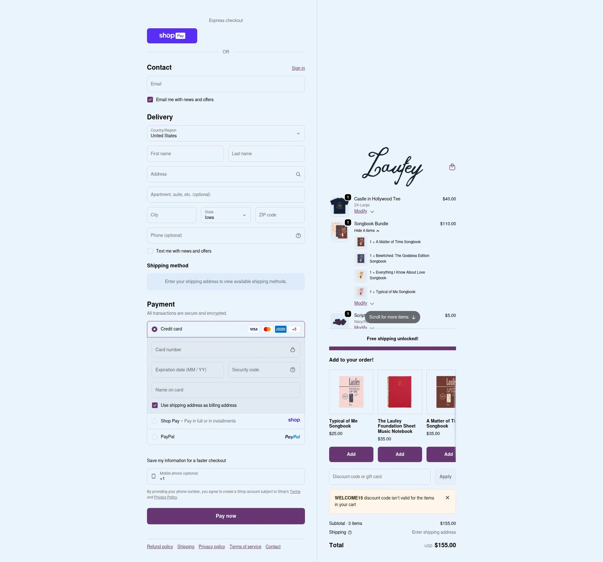 Laufey Merch checkout page showing Laufey Merch discount code box | Screenshot taken by SimplyCodes community member on Jan 11, 2026