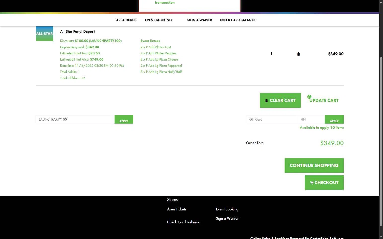 Launch Trampoline Park checkout page showing Launch Trampoline Park promo code box | Screenshot taken by SimplyCodes community member on Oct 28, 2025