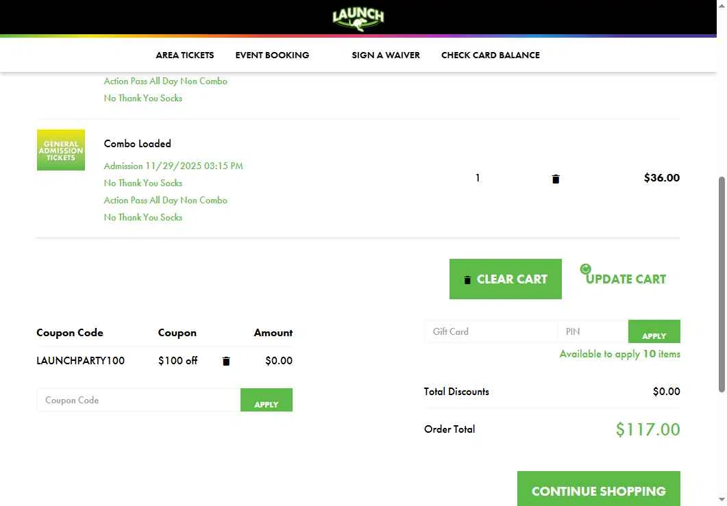 Launch Trampoline Park checkout page showing Launch Trampoline Park promo code box | Screenshot taken by SimplyCodes community member on Nov 9, 2025