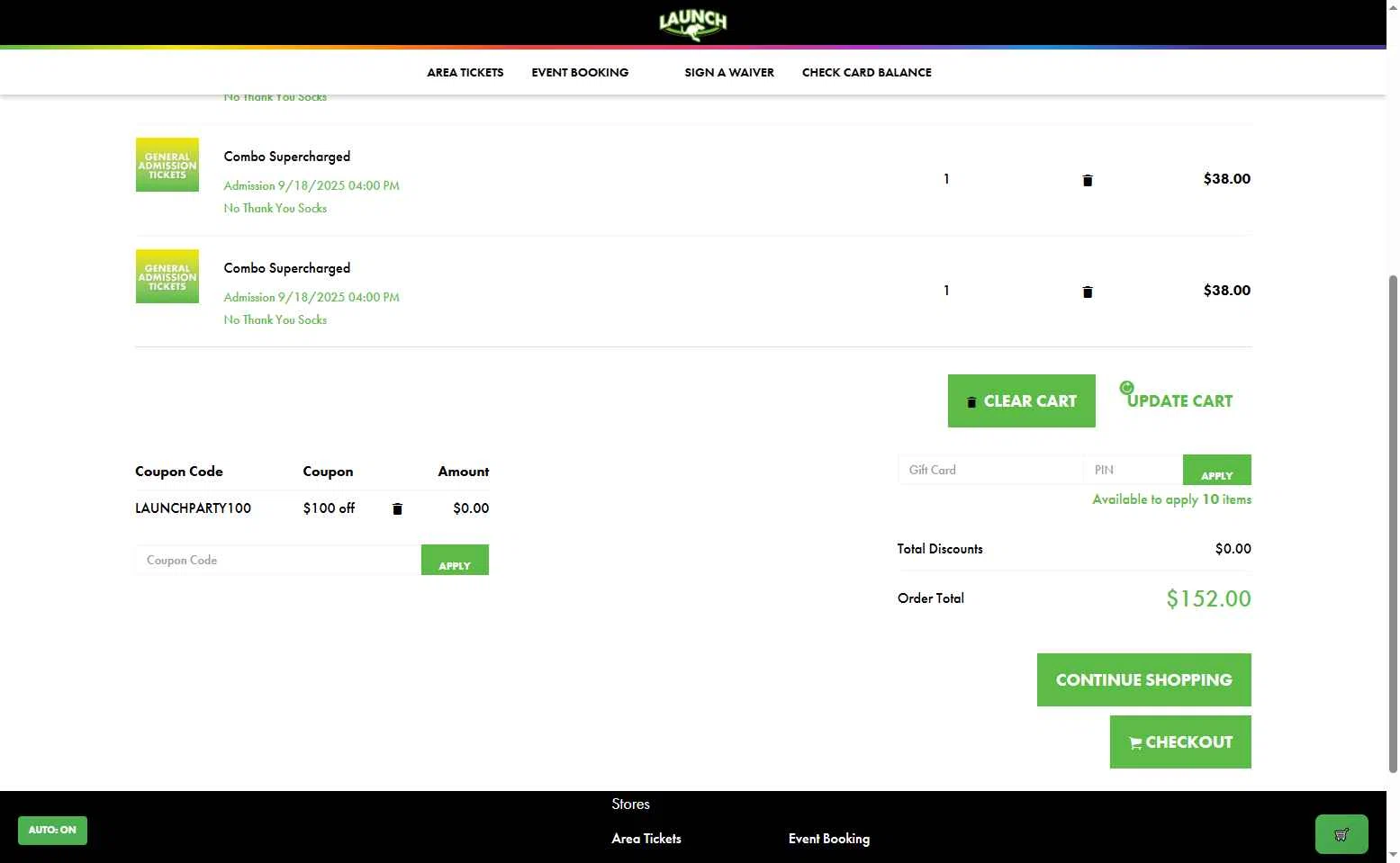 Launch Trampoline Park checkout page showing Launch Trampoline Park promo code box | Screenshot taken by SimplyCodes community member on Sep 18, 2025