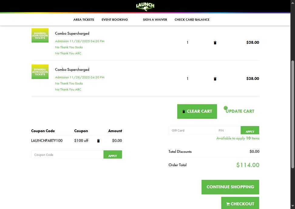 Launch Trampoline Park checkout page showing Launch Trampoline Park promo code box | Screenshot taken by SimplyCodes community member on Nov 9, 2025