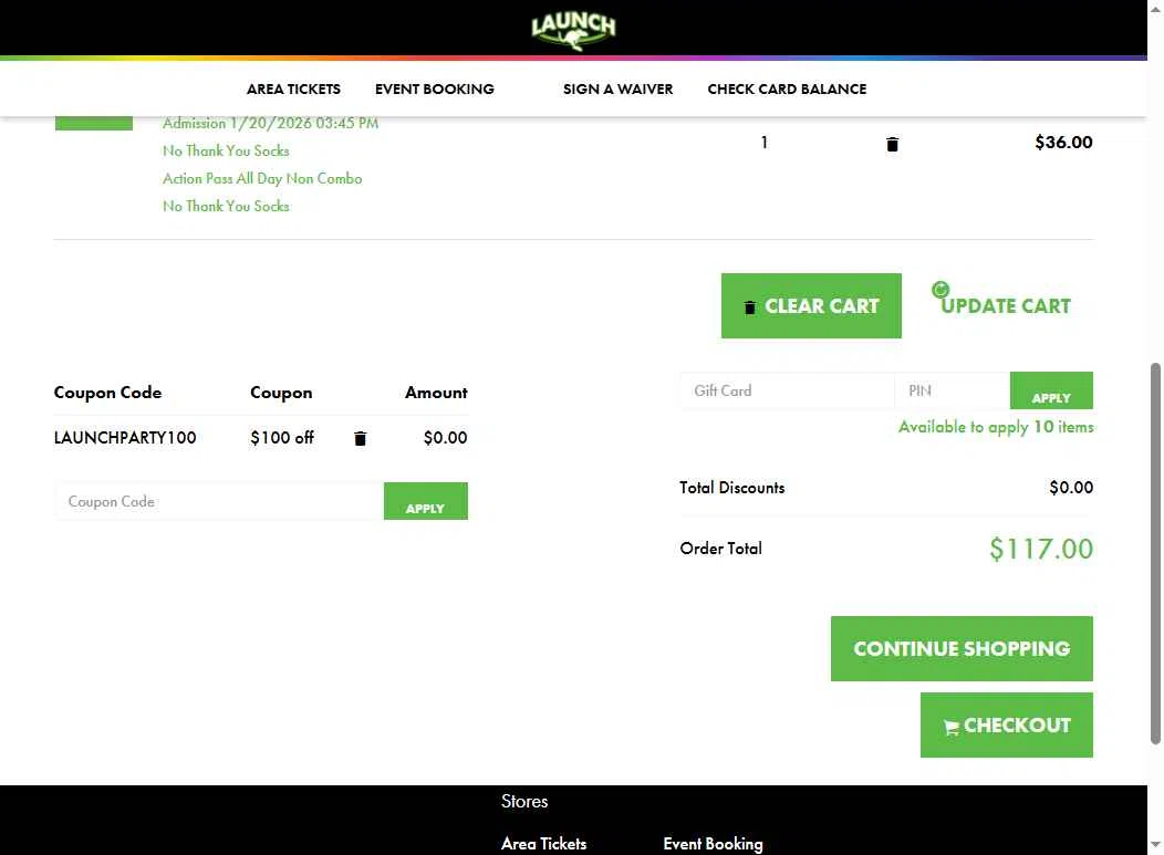 Launch Trampoline Park checkout page showing Launch Trampoline Park promo code box | Screenshot taken by SimplyCodes community member on Jan 13, 2026
