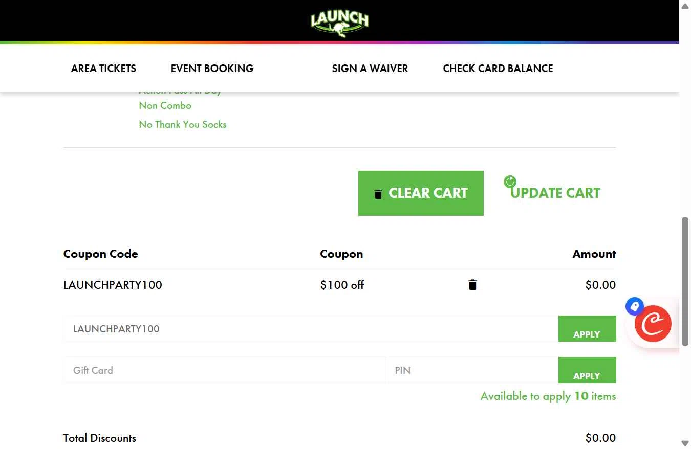 Launch Trampoline Park checkout page showing Launch Trampoline Park promo code box | Screenshot taken by SimplyCodes community member on Dec 9, 2025