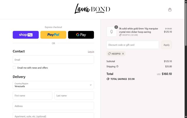 Laura Bond checkout page showing Laura Bond discount code box | Screenshot taken by SimplyCodes community member on Aug 15, 2025