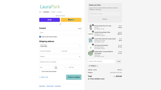 Laura Park Designs checkout page showing Laura Park Designs promo code box | Screenshot taken by SimplyCodes community member on Aug 30, 2025