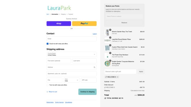 Laura Park Designs checkout page showing Laura Park Designs promo code box | Screenshot taken by SimplyCodes community member on Sep 3, 2025