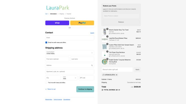 Laura Park Designs checkout page showing Laura Park Designs promo code box | Screenshot taken by SimplyCodes community member on Sep 3, 2025