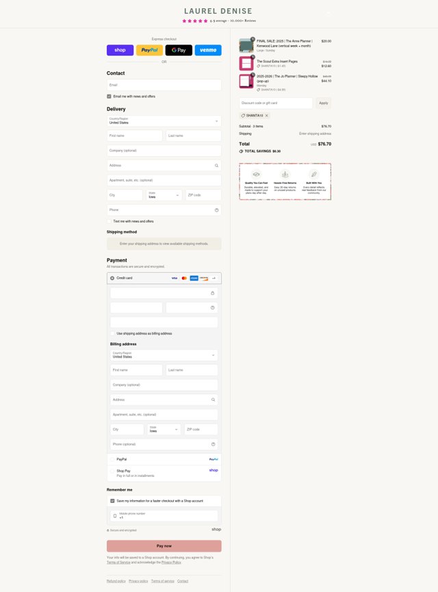 Laurel Denise checkout page showing Laurel Denise discount code box | Screenshot taken by SimplyCodes community member on Sep 4, 2025