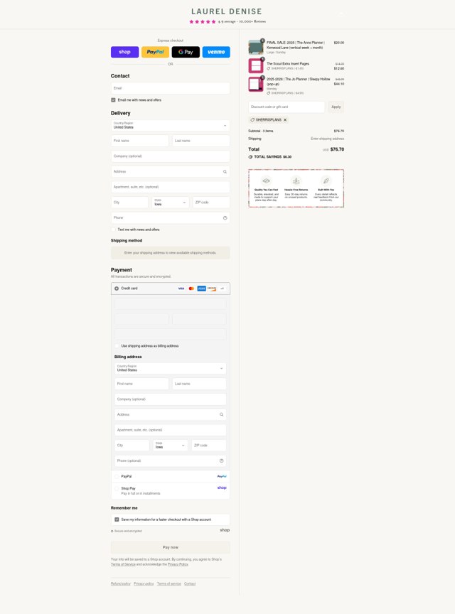 Laurel Denise checkout page showing Laurel Denise discount code box | Screenshot taken by SimplyCodes community member on Sep 4, 2025