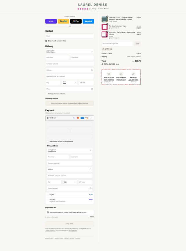 Laurel Denise checkout page showing Laurel Denise discount code box | Screenshot taken by SimplyCodes community member on Sep 4, 2025