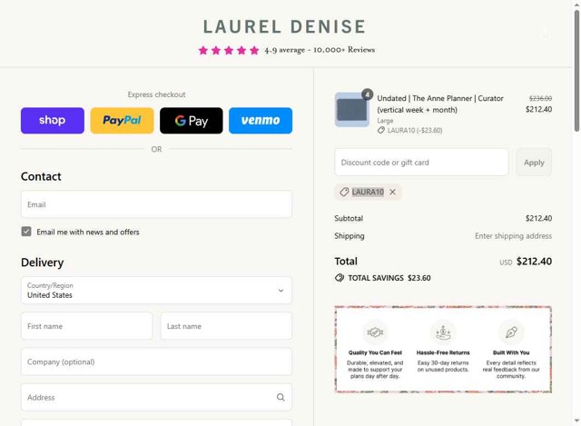 Laurel Denise checkout page showing Laurel Denise discount code box | Screenshot taken by SimplyCodes community member on Sep 4, 2025