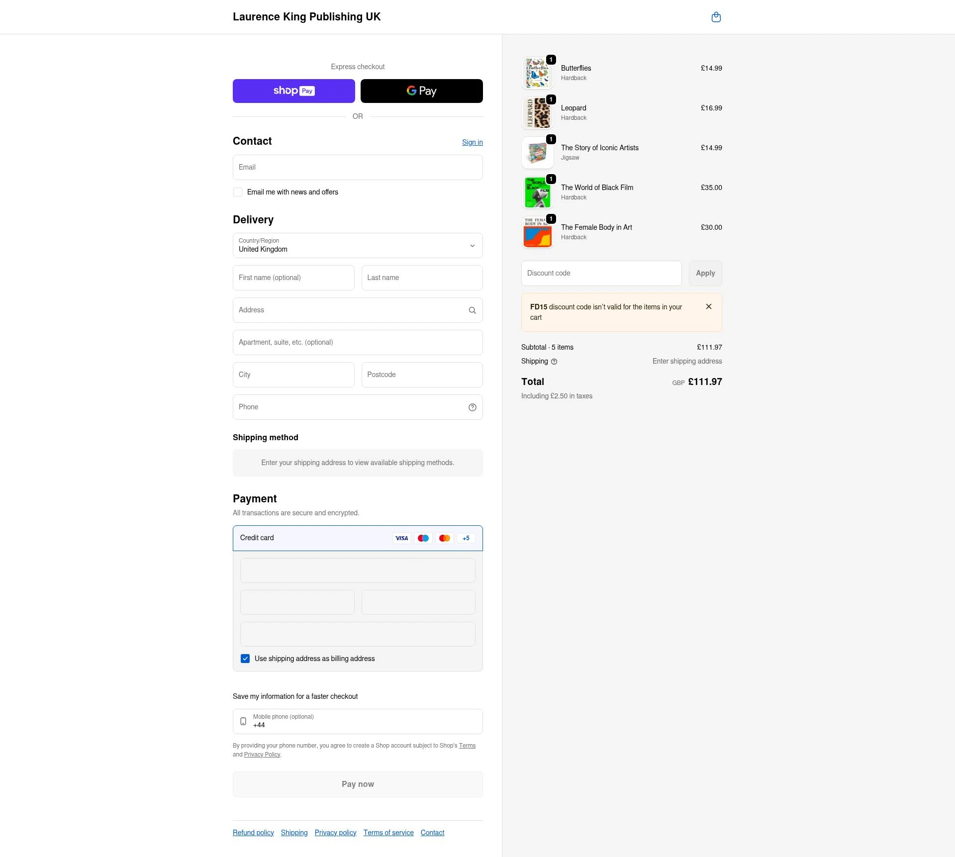 Laurence King checkout page showing Laurence King discount code box | Screenshot taken by SimplyCodes community member on Jan 11, 2026