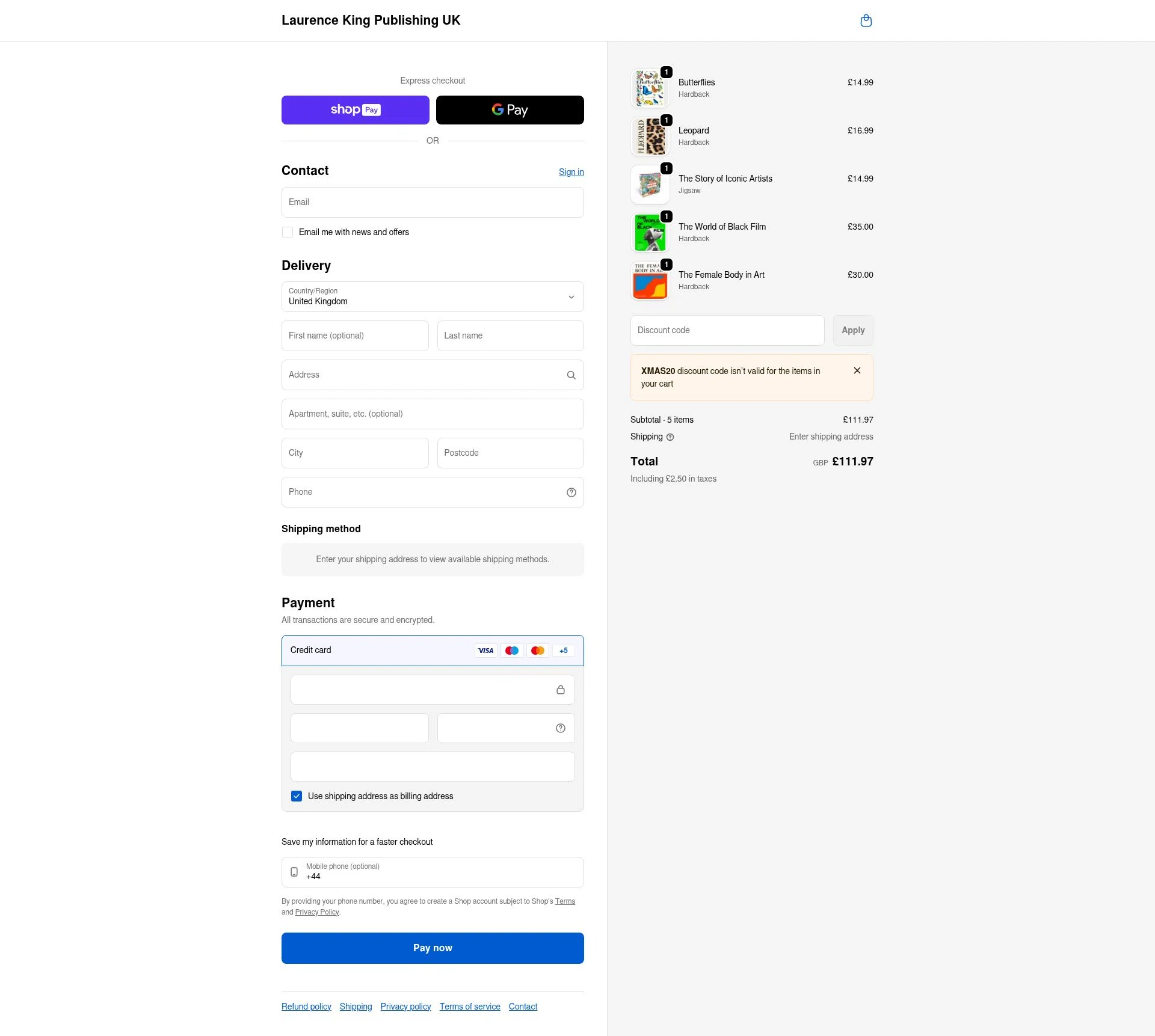 Laurence King checkout page showing Laurence King discount code box | Screenshot taken by SimplyCodes community member on Jan 11, 2026