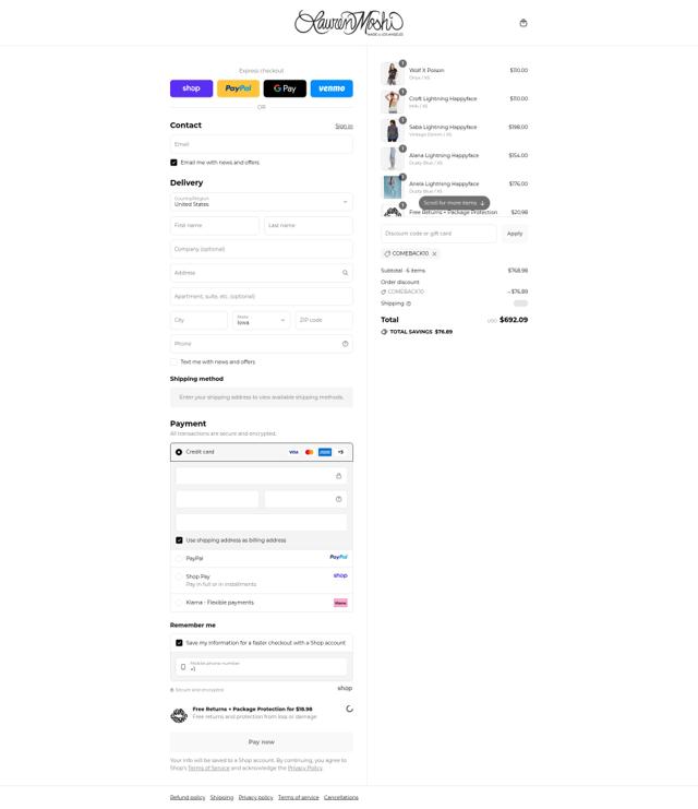 Lauren Moshi checkout page showing Lauren Moshi coupon code box | Screenshot taken by SimplyCodes community member on Sep 12, 2025