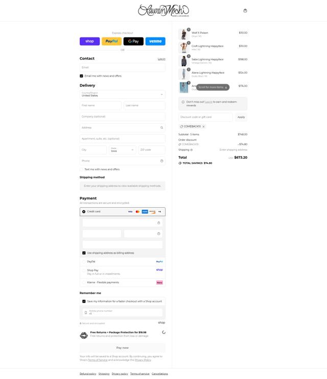 Lauren Moshi checkout page showing Lauren Moshi coupon code box | Screenshot taken by SimplyCodes community member on Sep 8, 2025