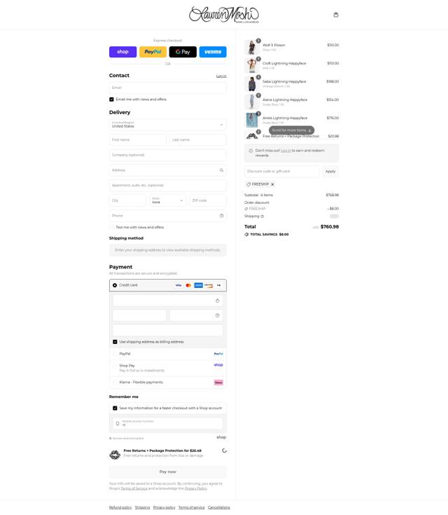 Lauren Moshi checkout page showing Lauren Moshi coupon code box | Screenshot taken by SimplyCodes community member on Sep 3, 2025