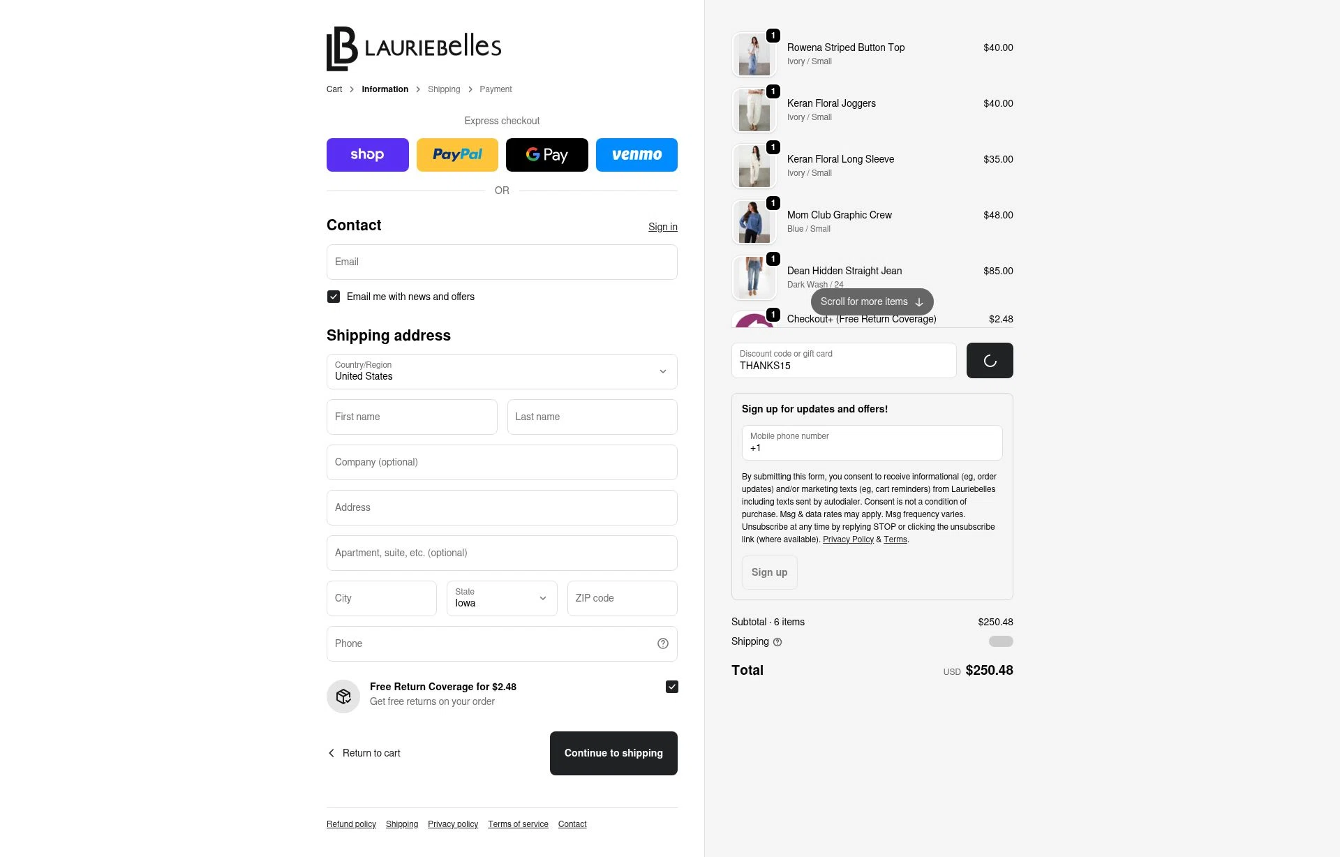Laurie Belle's Boutique checkout page showing Laurie Belle's Boutique coupon code box | Screenshot taken by SimplyCodes community member on Feb 13, 2026