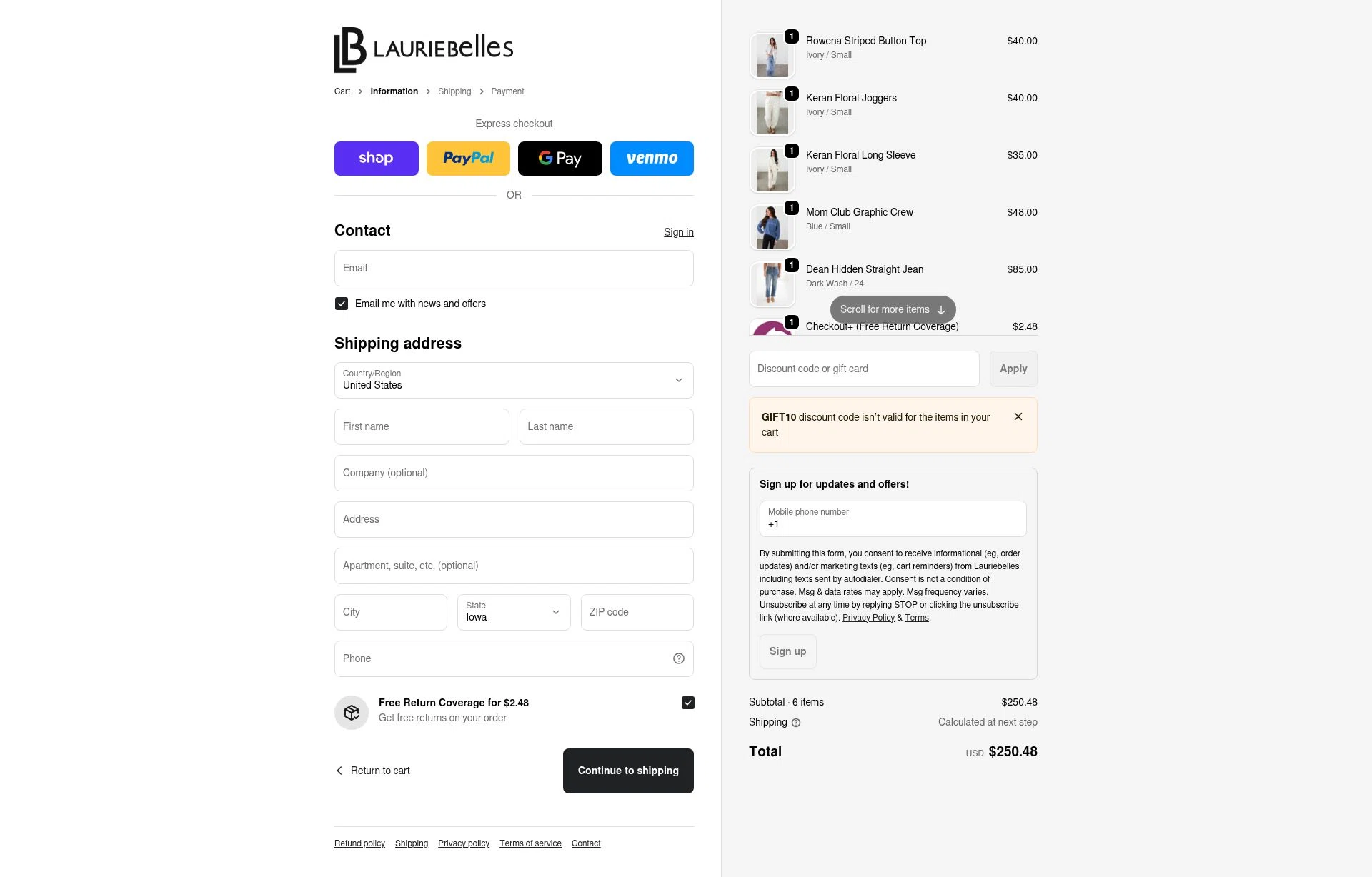 Laurie Belle's Boutique checkout page showing Laurie Belle's Boutique coupon code box | Screenshot taken by SimplyCodes community member on Feb 18, 2026