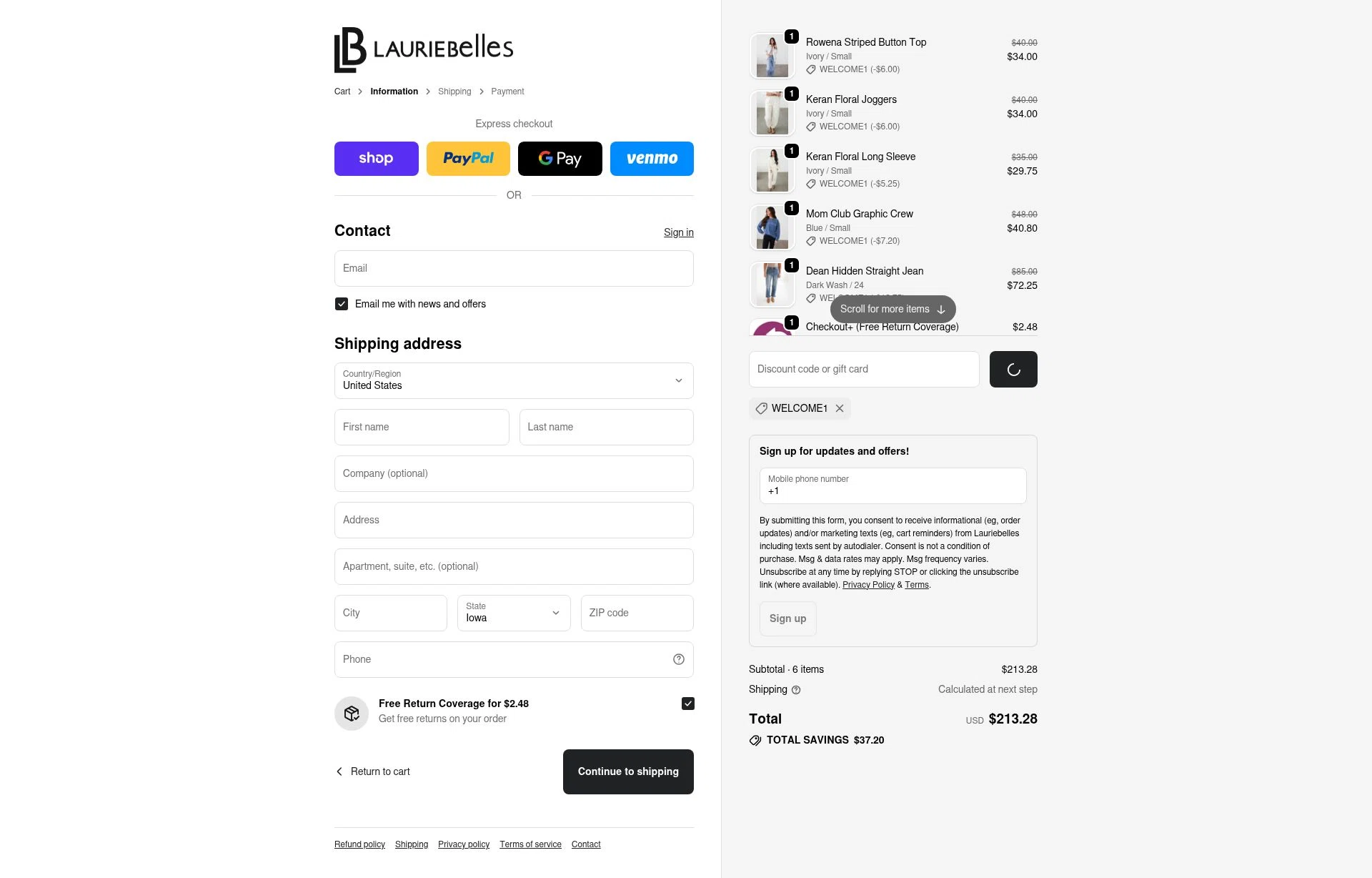 Laurie Belle's Boutique checkout page showing Laurie Belle's Boutique coupon code box | Screenshot taken by SimplyCodes community member on Feb 9, 2026