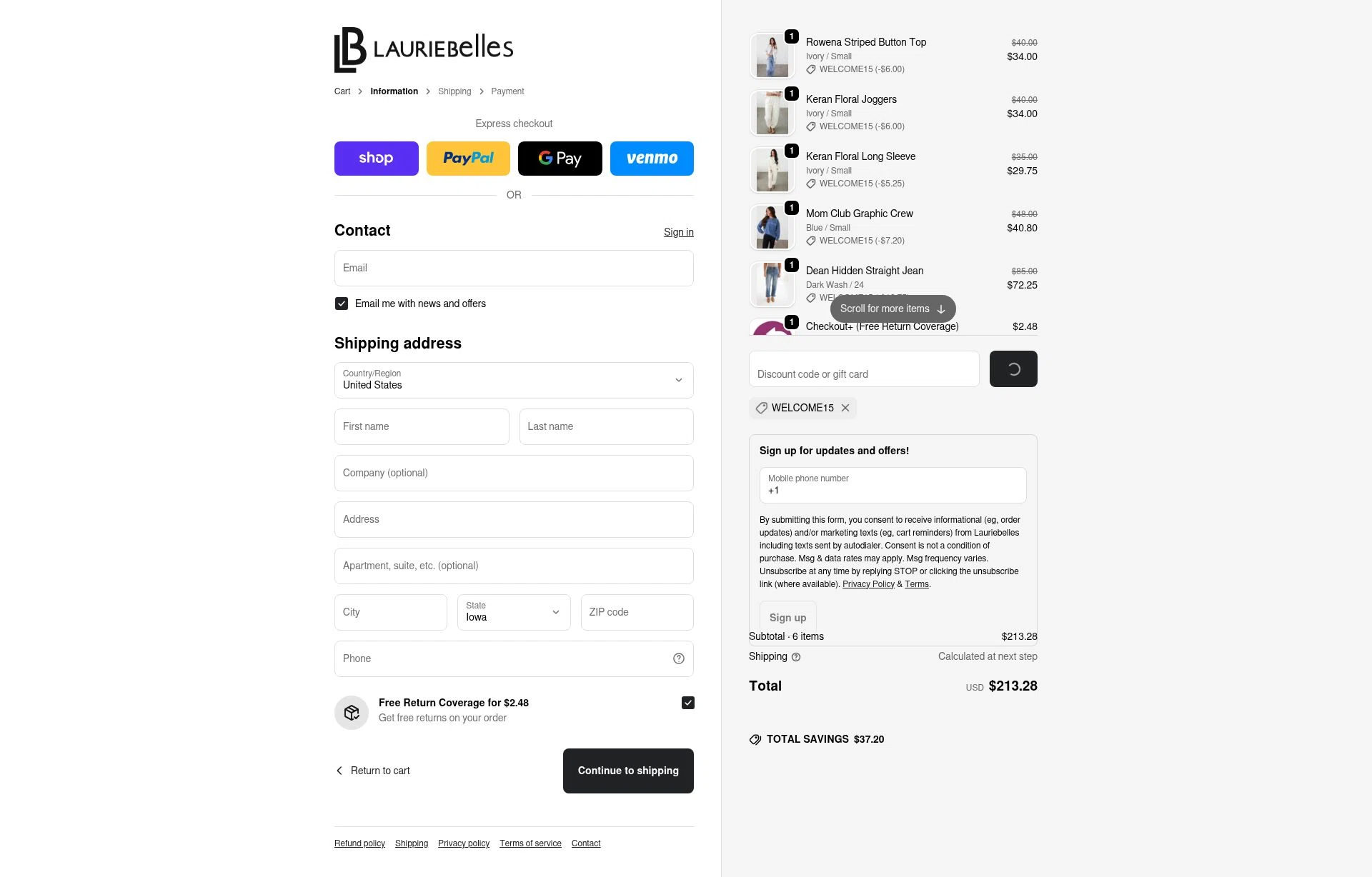 Laurie Belle's Boutique checkout page showing Laurie Belle's Boutique coupon code box | Screenshot taken by SimplyCodes community member on Feb 9, 2026