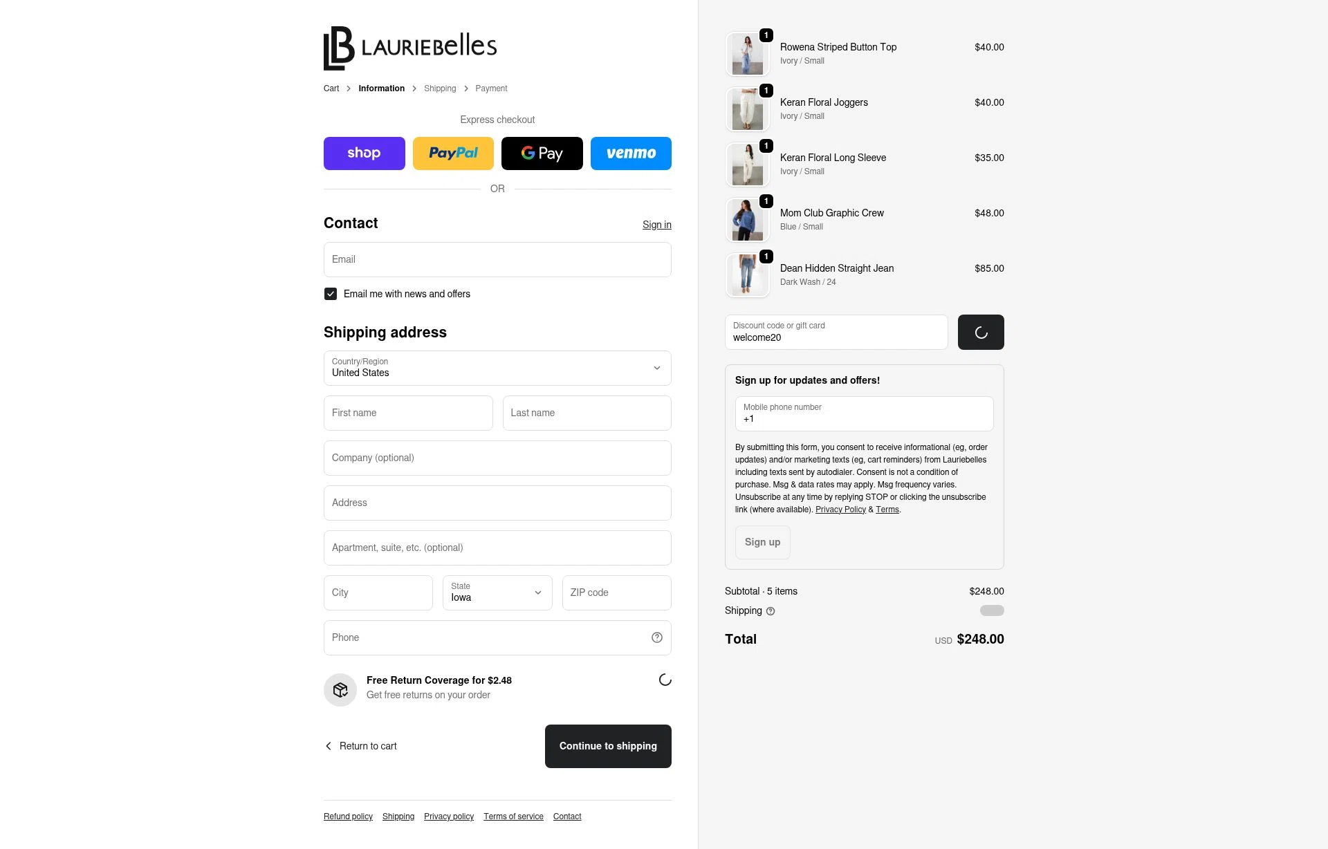 Laurie Belle's Boutique checkout page showing Laurie Belle's Boutique coupon code box | Screenshot taken by SimplyCodes community member on Feb 13, 2026