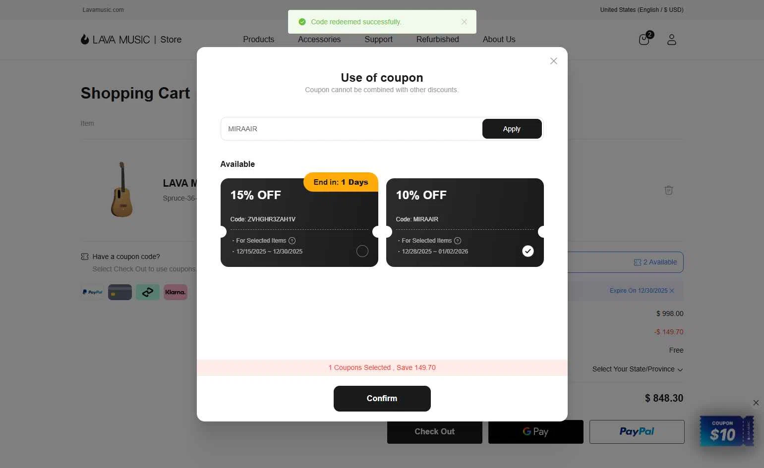 LAVA MUSIC checkout page showing LAVA MUSIC discount code box | Screenshot taken by SimplyCodes community member on Dec 28, 2025
