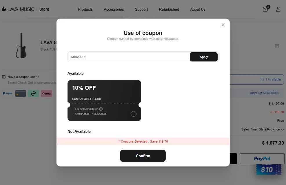 LAVA MUSIC checkout page showing LAVA MUSIC discount code box | Screenshot taken by SimplyCodes community member on Dec 17, 2025
