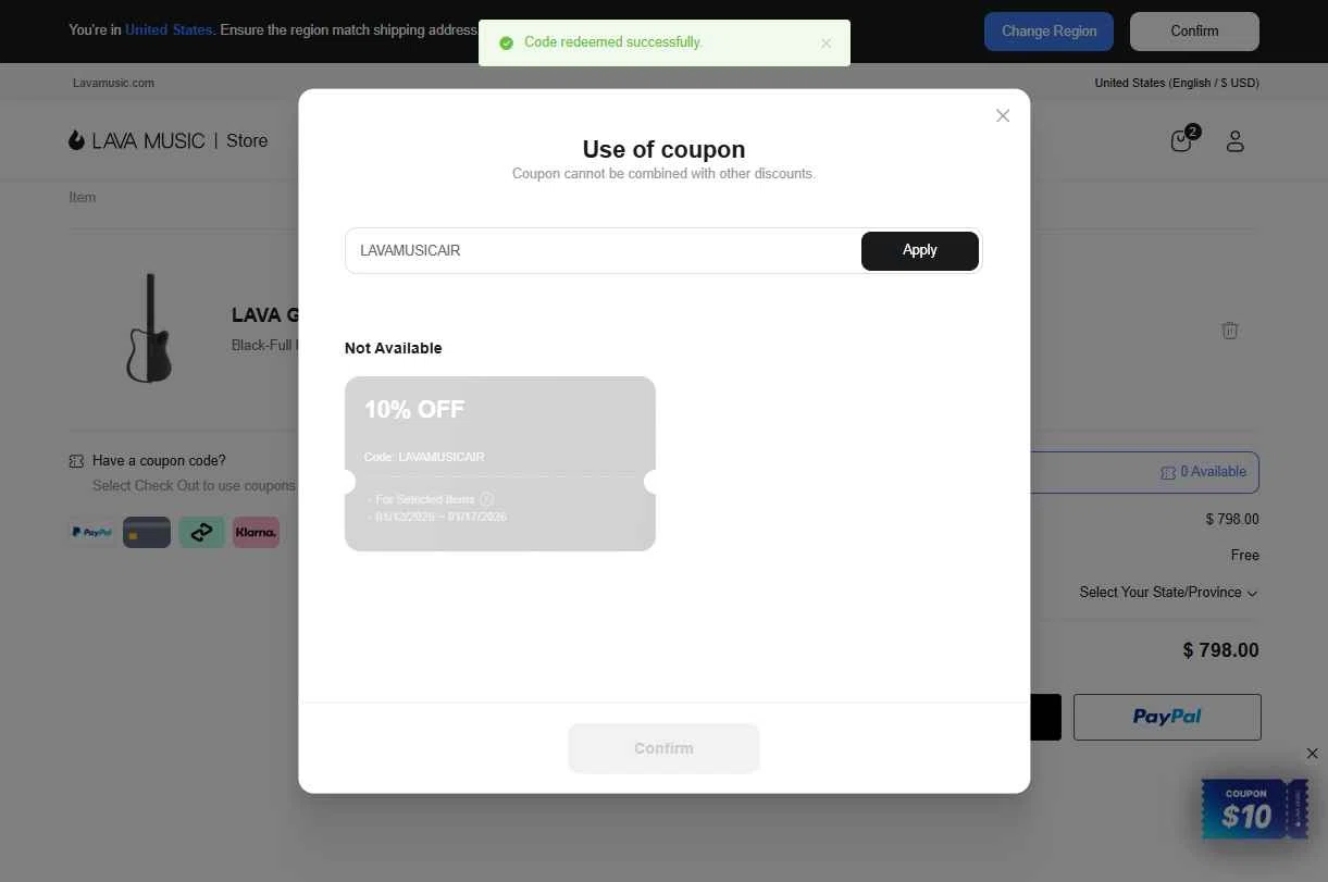 LAVA MUSIC checkout page showing LAVA MUSIC discount code box | Screenshot taken by SimplyCodes community member on Jan 12, 2026