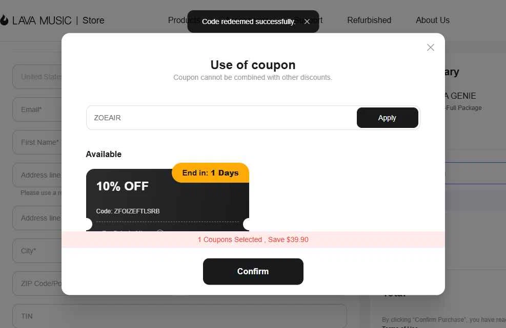 LAVA MUSIC checkout page showing LAVA MUSIC discount code box | Screenshot taken by SimplyCodes community member on Dec 28, 2025