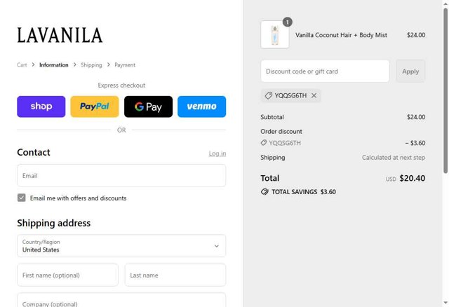 Lavanila checkout page showing Lavanila discount code box | Screenshot taken by SimplyCodes community member on Sep 7, 2025