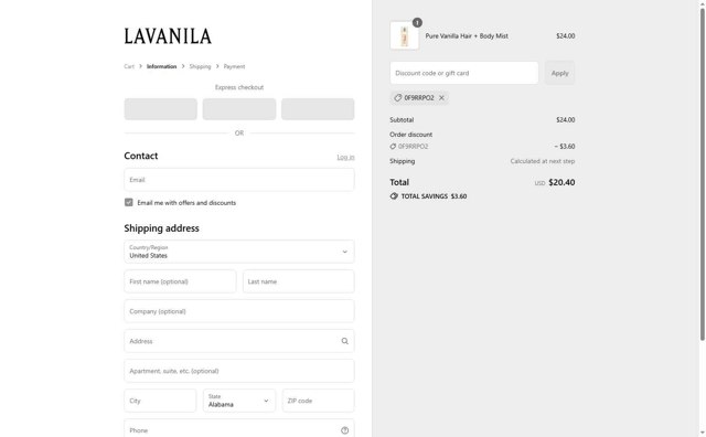 Lavanila checkout page showing Lavanila discount code box | Screenshot taken by SimplyCodes community member on Sep 7, 2025