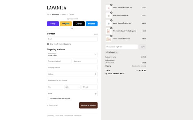 Lavanila checkout page showing Lavanila discount code box | Screenshot taken by SimplyCodes community member on Sep 3, 2025