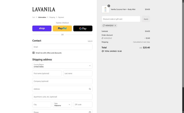 Lavanila checkout page showing Lavanila discount code box | Screenshot taken by SimplyCodes community member on Sep 7, 2025