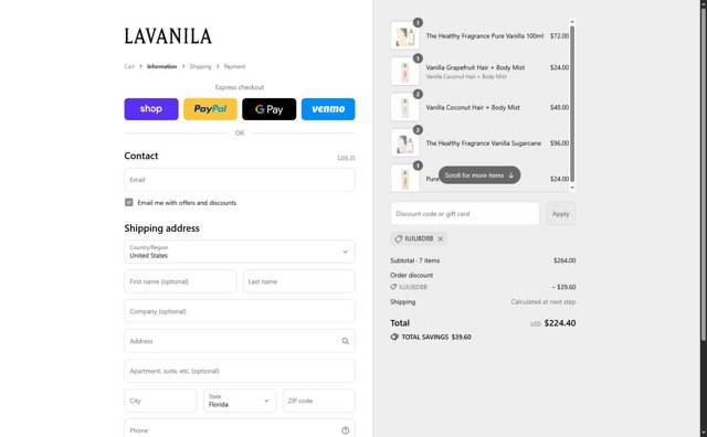 Lavanila checkout page showing Lavanila discount code box | Screenshot taken by SimplyCodes community member on Sep 7, 2025