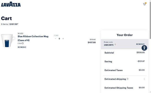 Lavazza checkout page showing Lavazza promo code box | Screenshot taken by SimplyCodes community member on May 19, 2025