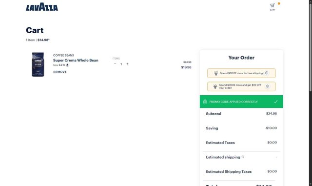 Lavazza checkout page showing Lavazza promo code box | Screenshot taken by SimplyCodes community member on Jul 16, 2025