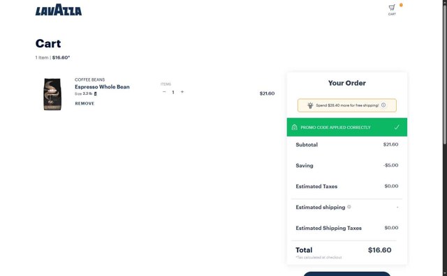 Lavazza checkout page showing Lavazza promo code box | Screenshot taken by SimplyCodes community member on Jun 17, 2025