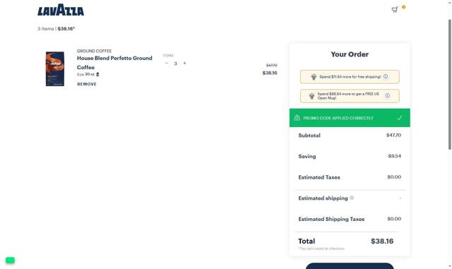 Lavazza US checkout page showing Lavazza US promo code box | Screenshot taken by SimplyCodes community member on Aug 20, 2025