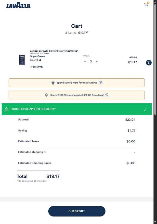 Lavazza US checkout page showing Lavazza US promo code box | Screenshot taken by SimplyCodes community member on Sep 7, 2025