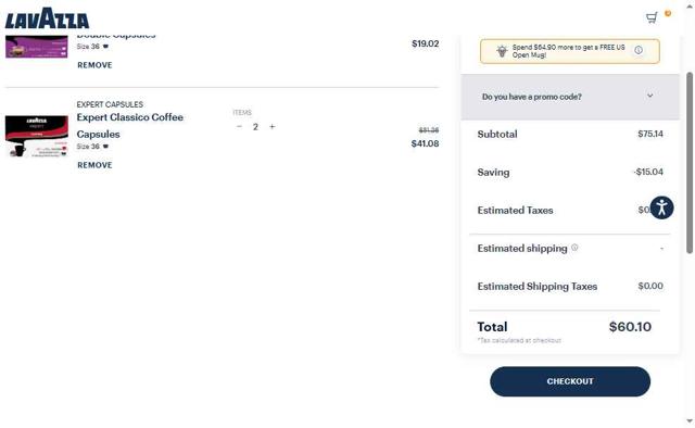 Lavazza US checkout page showing Lavazza US promo code box | Screenshot taken by SimplyCodes community member on Aug 23, 2025