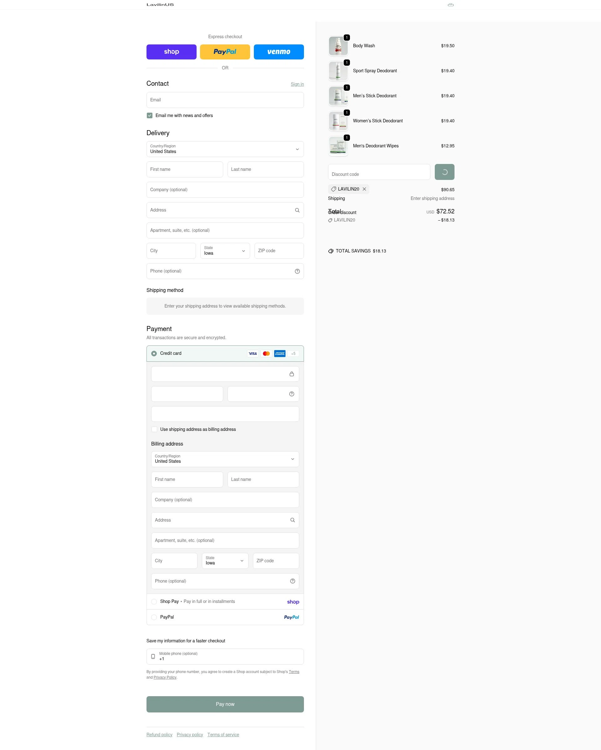 Lavilin checkout page showing Lavilin discount code box | Screenshot taken by SimplyCodes community member on Feb 13, 2026