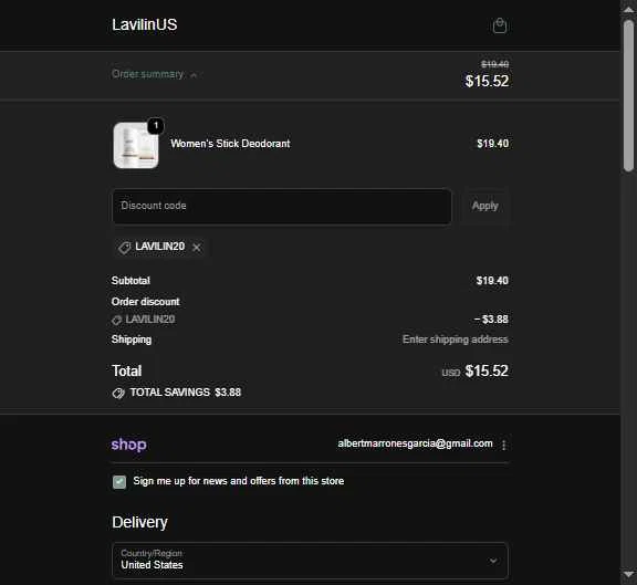 Lavilin checkout page showing Lavilin discount code box | Screenshot taken by SimplyCodes community member on Jan 31, 2026