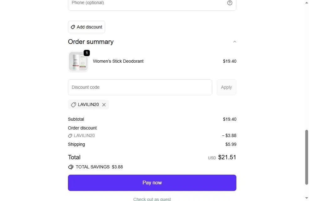 Lavilin checkout page showing Lavilin discount code box | Screenshot taken by SimplyCodes community member on Jan 31, 2026