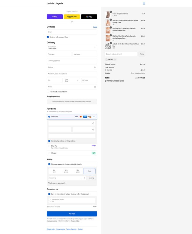 Lavinia Lingerie checkout page showing Lavinia Lingerie promo code box | Screenshot taken by SimplyCodes community member on Sep 3, 2025